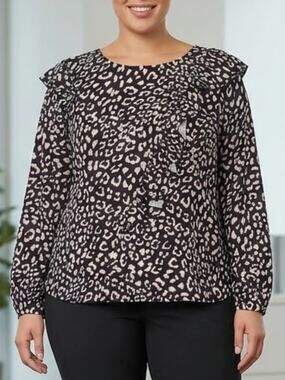 ELOQUII Animal Print Ruffle Blouse XL | Workwear Career Top (size 16)